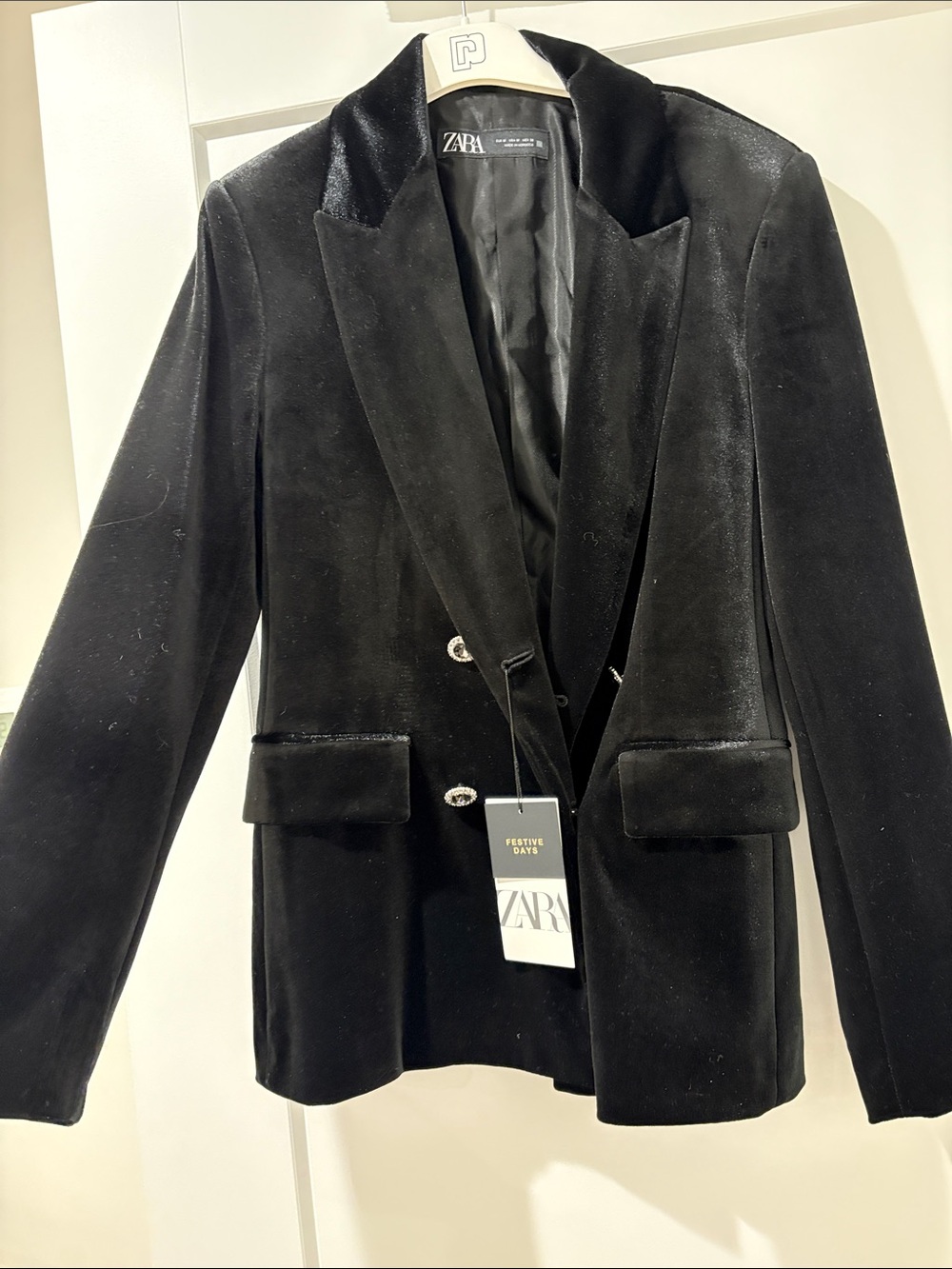 ZARA Black Velvet Double-Breasted Blazer with rhinestone buttons
